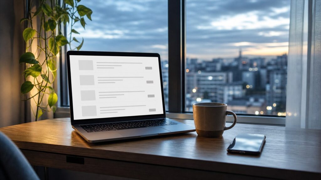 Laptop pokazuje wyniki wyszukiwania praca zdalna oferty przy domowym oknie